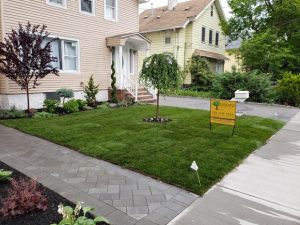 a landscaping desing job with gardens walkway sodded lawy and paver dirveway in Ridgfield NJ